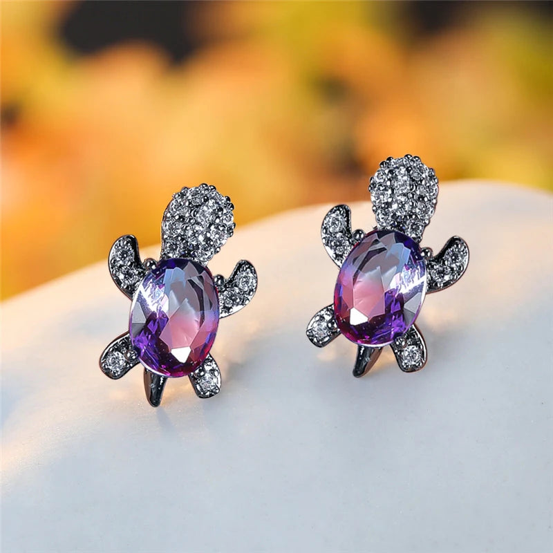 Twilight Opal Turtle Stud Earrings with Sparkling Accents