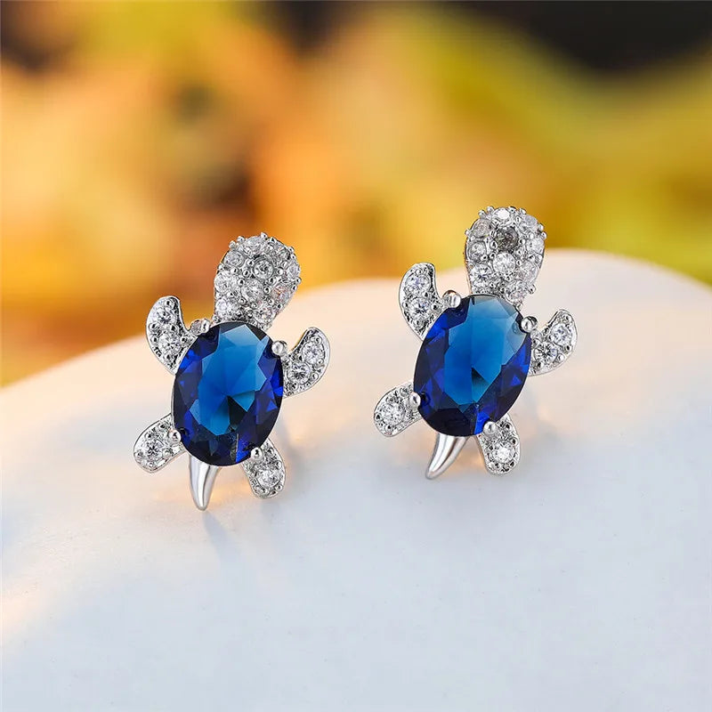 Royal Reef Turtle Stud Earrings – Deep Blue Crystal Elegance