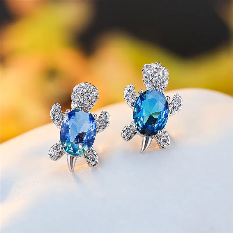 Tropical Tide Turtle Stud Earrings – Blue & Green Gradient Crystal