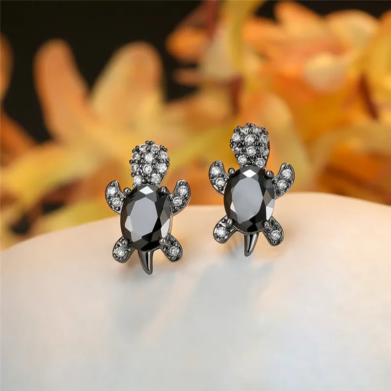 Midnight Shell Turtle Stud Earrings – Black Crystal on Gunmetal Finish
