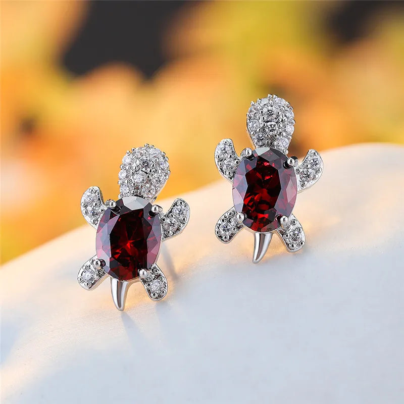 Crimson Tide Turtle Stud Earrings – Deep Maroon Crystal Elegance