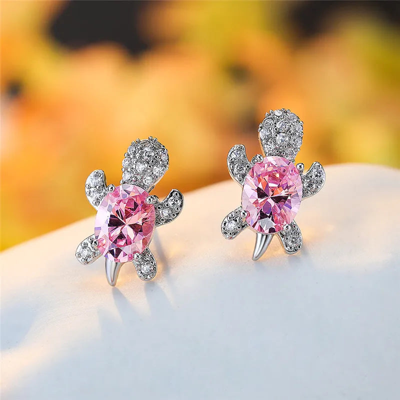 Blush Reef Turtle Stud Earrings – Sparkling Pink Zircon Elegance