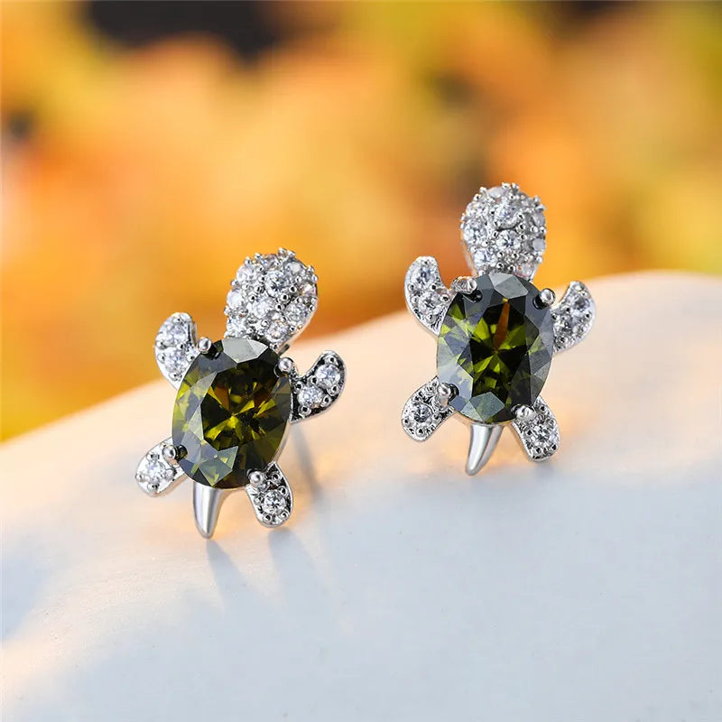 Olive Grove Turtle Stud Earrings – Deep Green Sparkle with Nature’s Touch