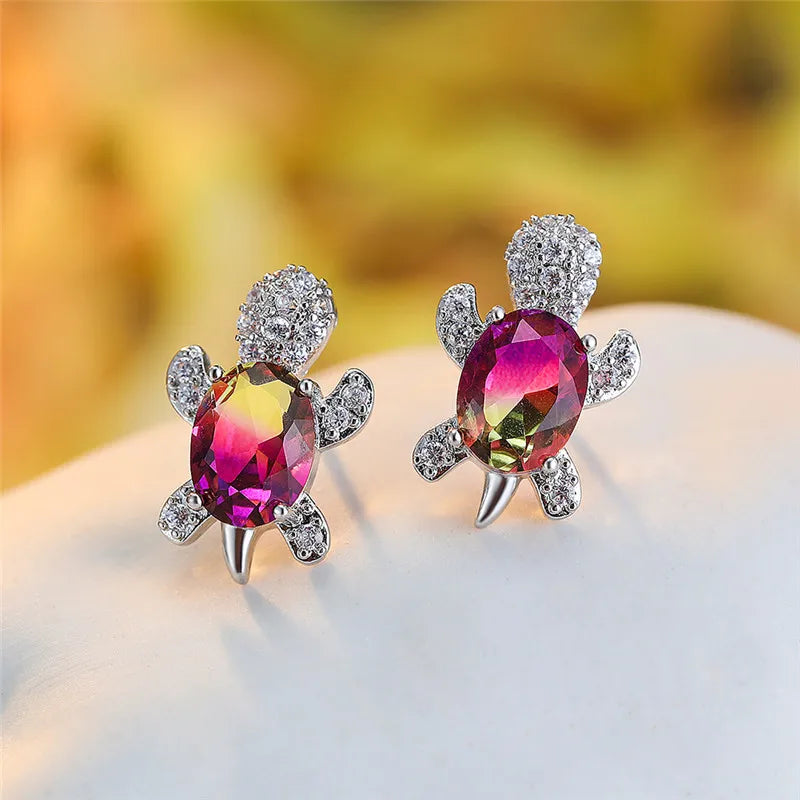 Sunset Bloom Turtle Stud Earrings – Rose Red & Gold Gradient Crystal