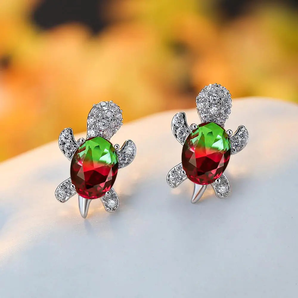 Everglow Turtle Stud Earrings – Dual Tone Red & Green Crystal