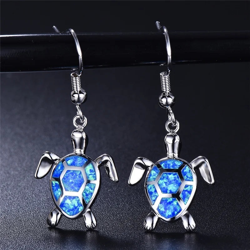 Opal Turtle Drop Earrings: Ocean Sparkle in White or Blue