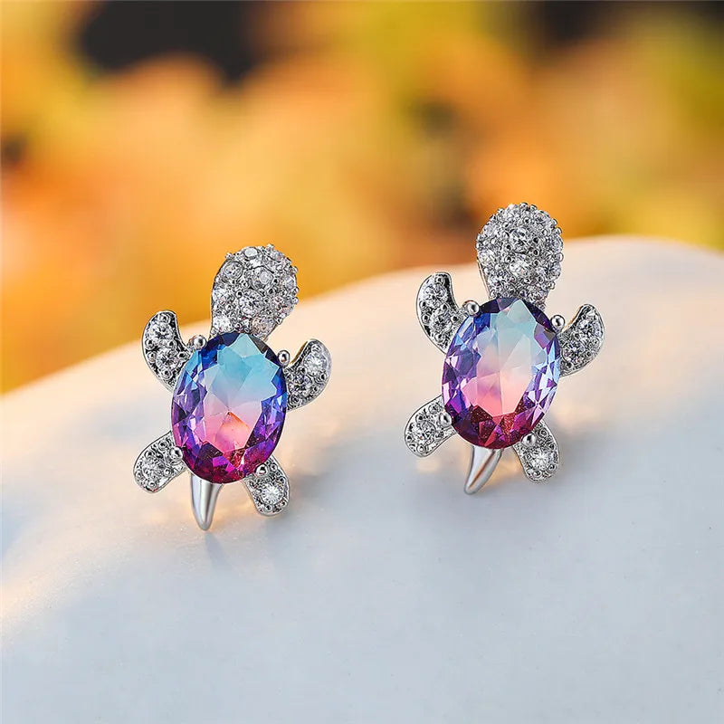 Twilight Tide Turtle Stud Earrings – Blue to Purple Crystal Glow