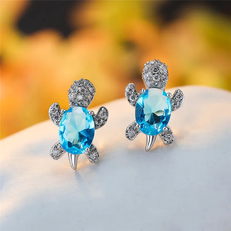 Ocean Breeze Turtle Stud Earrings – Aqua Blue Crystal Sparkle