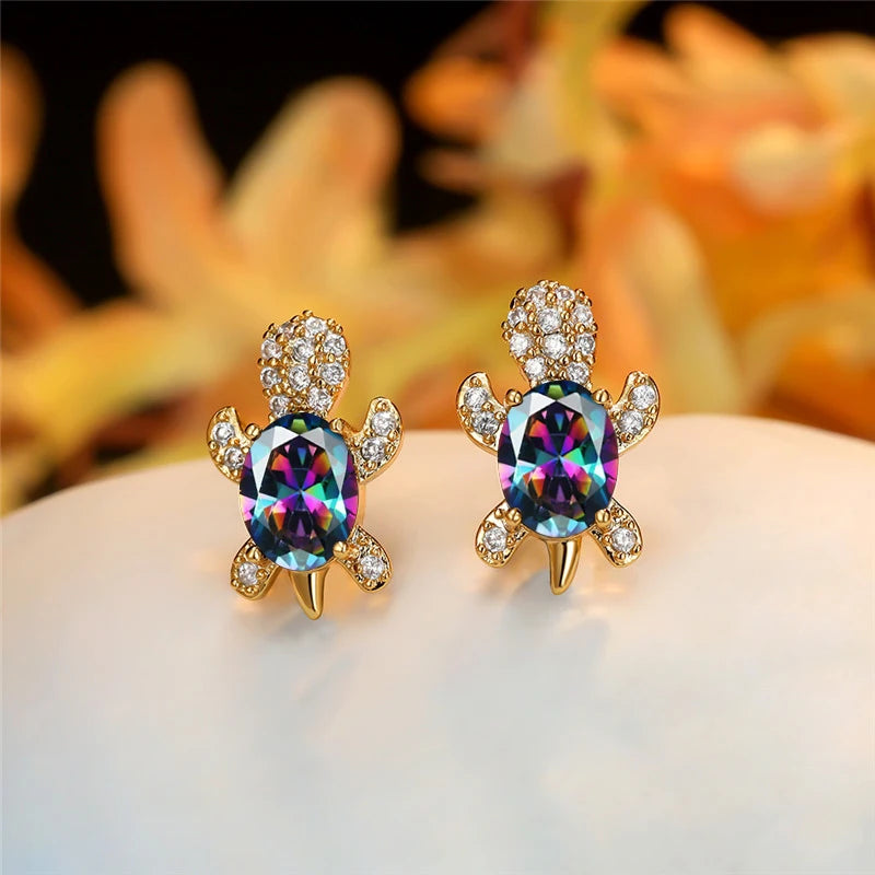 Prism Tide Turtle Stud Earrings – Rainbow Crystal with Gold Finish