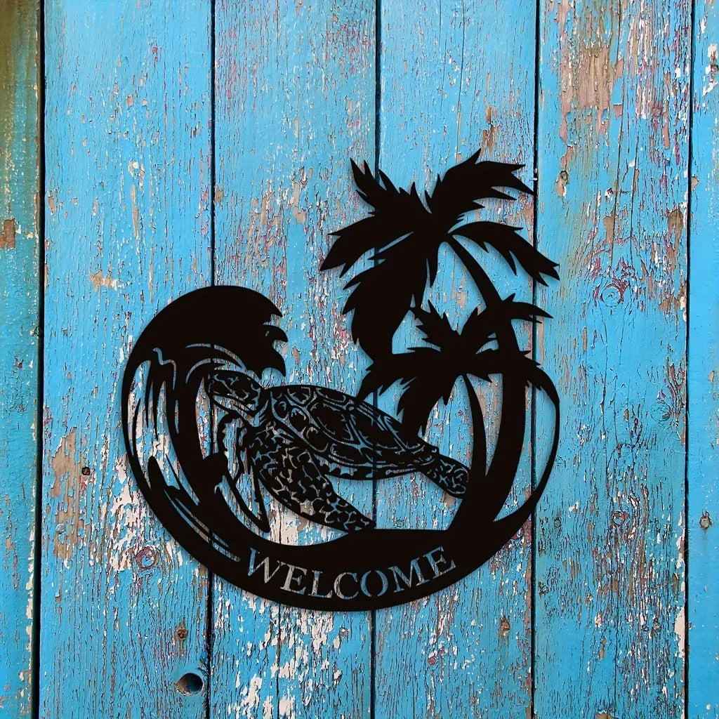 Tropical Sea Turtle Welcome Sign – Metal Beach Wall Art for Coastal Home Decor