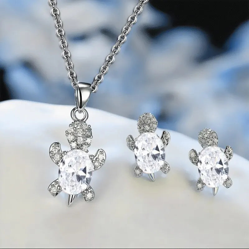 Crystal Tide Turtle Jewelry Set – Radiant White Pendant & Earring Gift Set