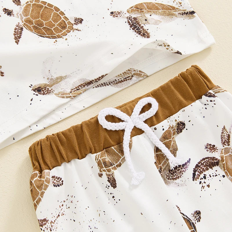 Brown Ocean Turtle Print Summer Outfit – 2-Piece Toddler Boy T-Shirt & Shorts Set