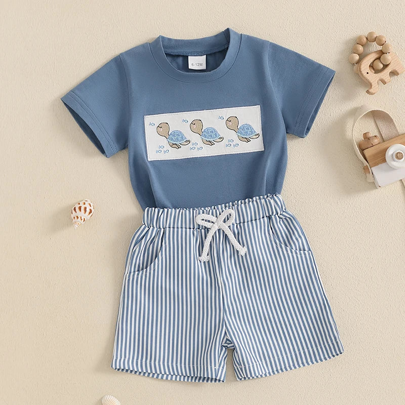 infant boy summer clothes Turtle Print Baby Boy Summer Outfit – 2-Piece T-Shirt & Striped Shorts Set Blue / 6M / United States
