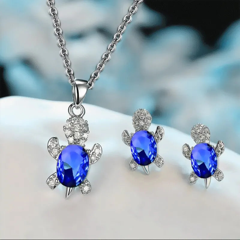 Ocean Sapphire Turtle Jewelry Set – Elegant 3PC Necklace & Earring Gift Set