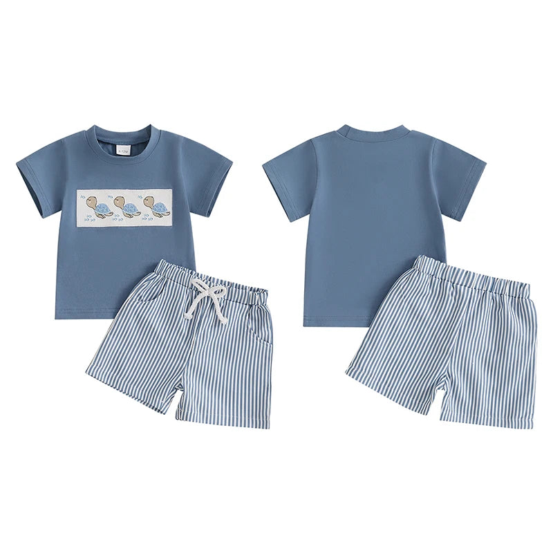 Turtle Print Baby Boy Summer Outfit – 2-Piece T-Shirt & Striped Shorts Set