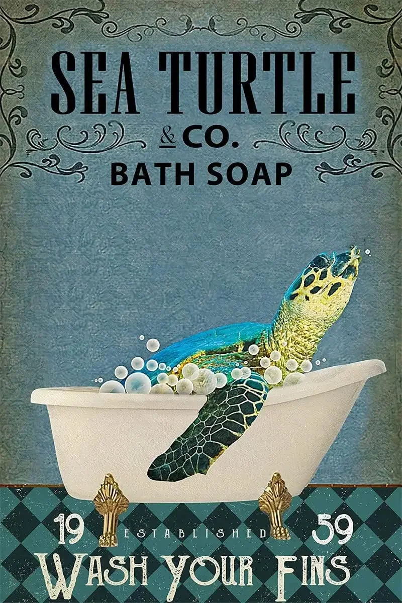 Sea Turtle Bath Soap Tin Sign – “Wash Your Fins” Retro Bathroom Wall Decor