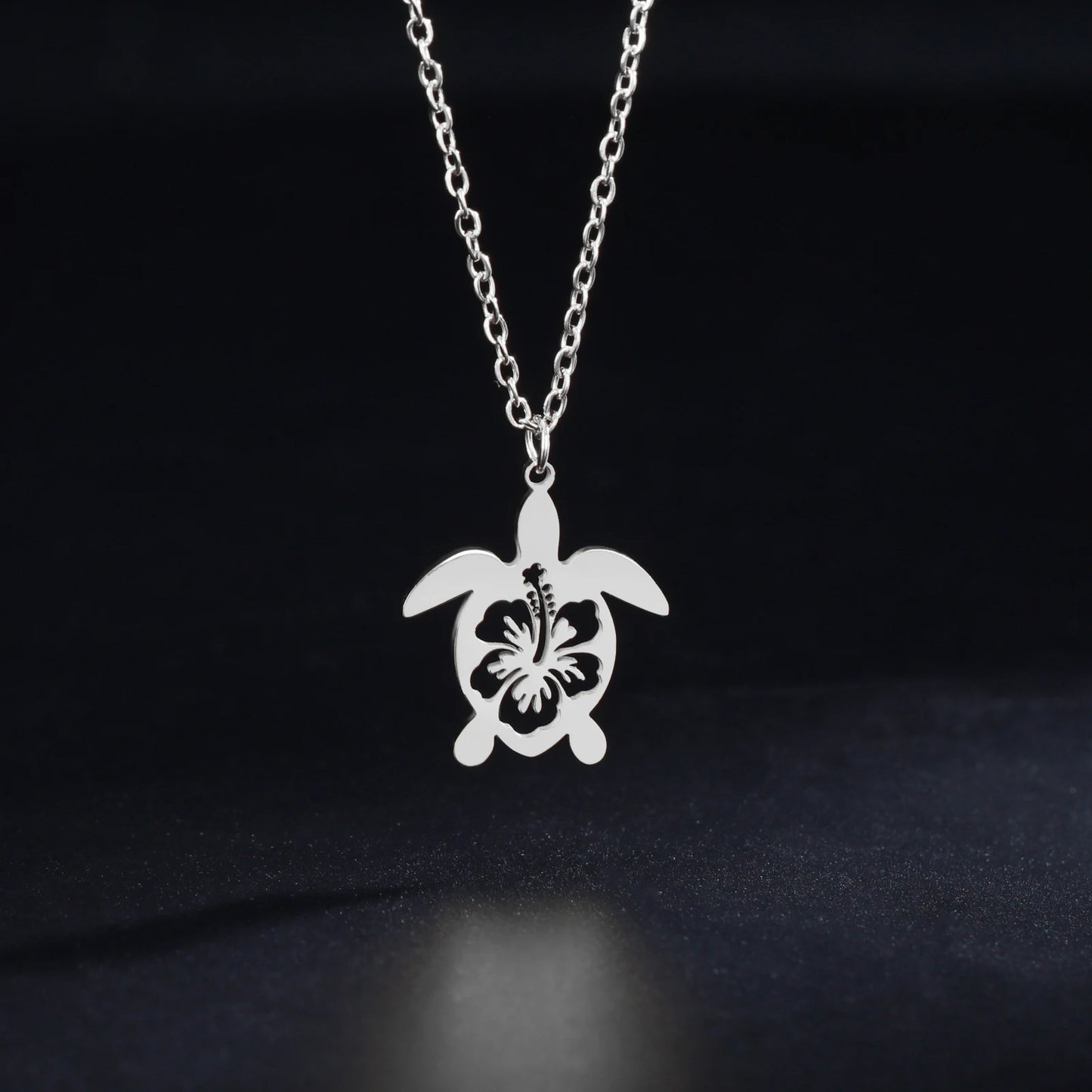 Sainless Steel Hollow Flower Sea Turtle Pendant Necklace