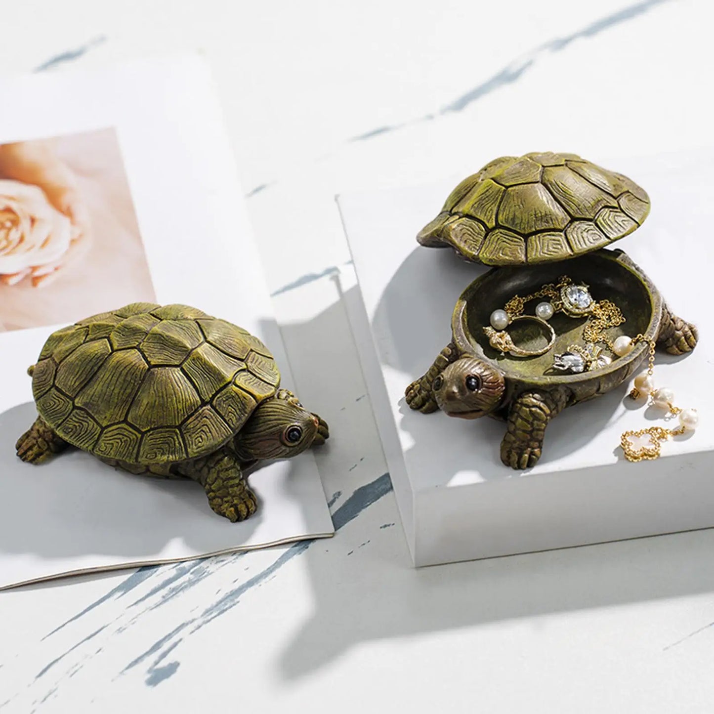 Turtle Figurine Jewelry Box – Resin Trinket Holder for Rings, Necklaces & More