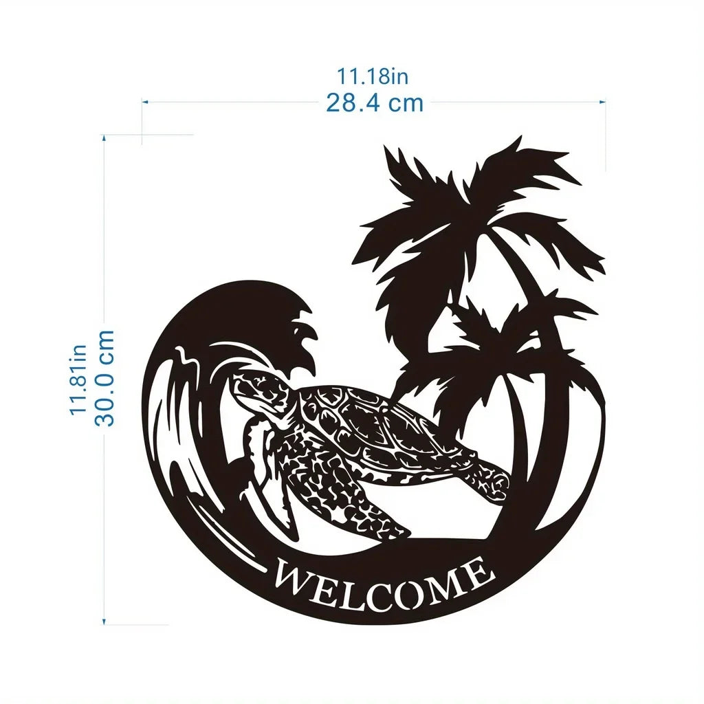 Tropical Sea Turtle Welcome Sign – Metal Beach Wall Art for Coastal Home Decor