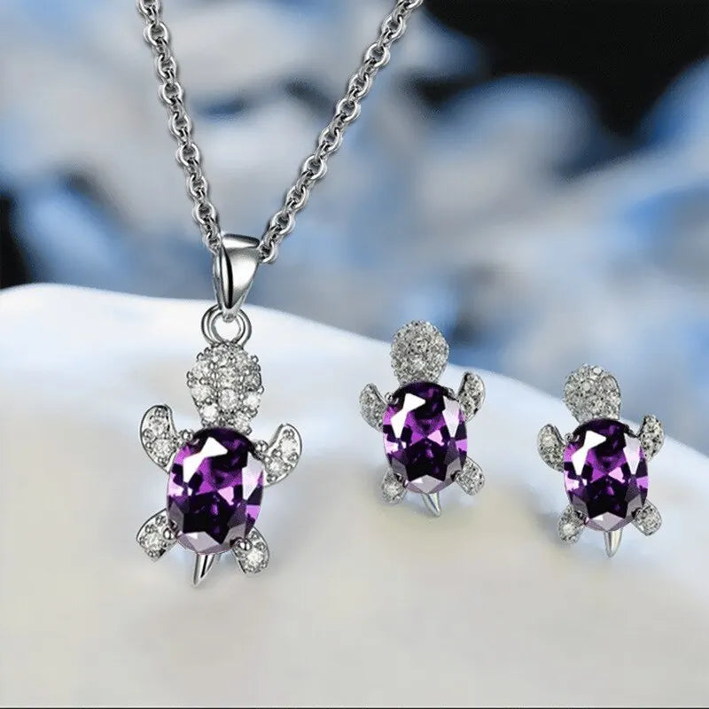 Amethyst Drift Turtle Jewelry Set – Elegant Purple Pendant & Stud Earrings