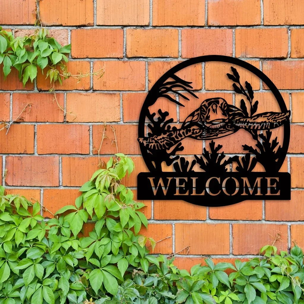 Underwater Sea Turtle Welcome Sign – Metal Wall Art for Beach & Garden Decor