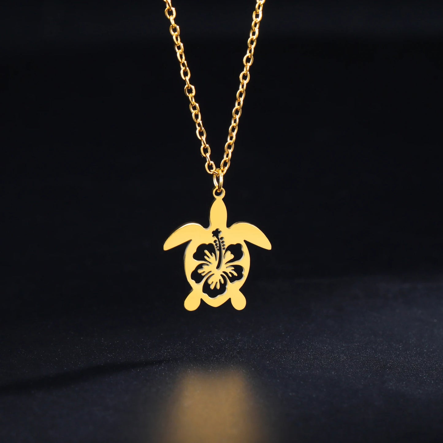 Golden Hollow Flower Sea Turtle Pendant Necklace – Stainless Steel Trendy Tortoise Jewelry
