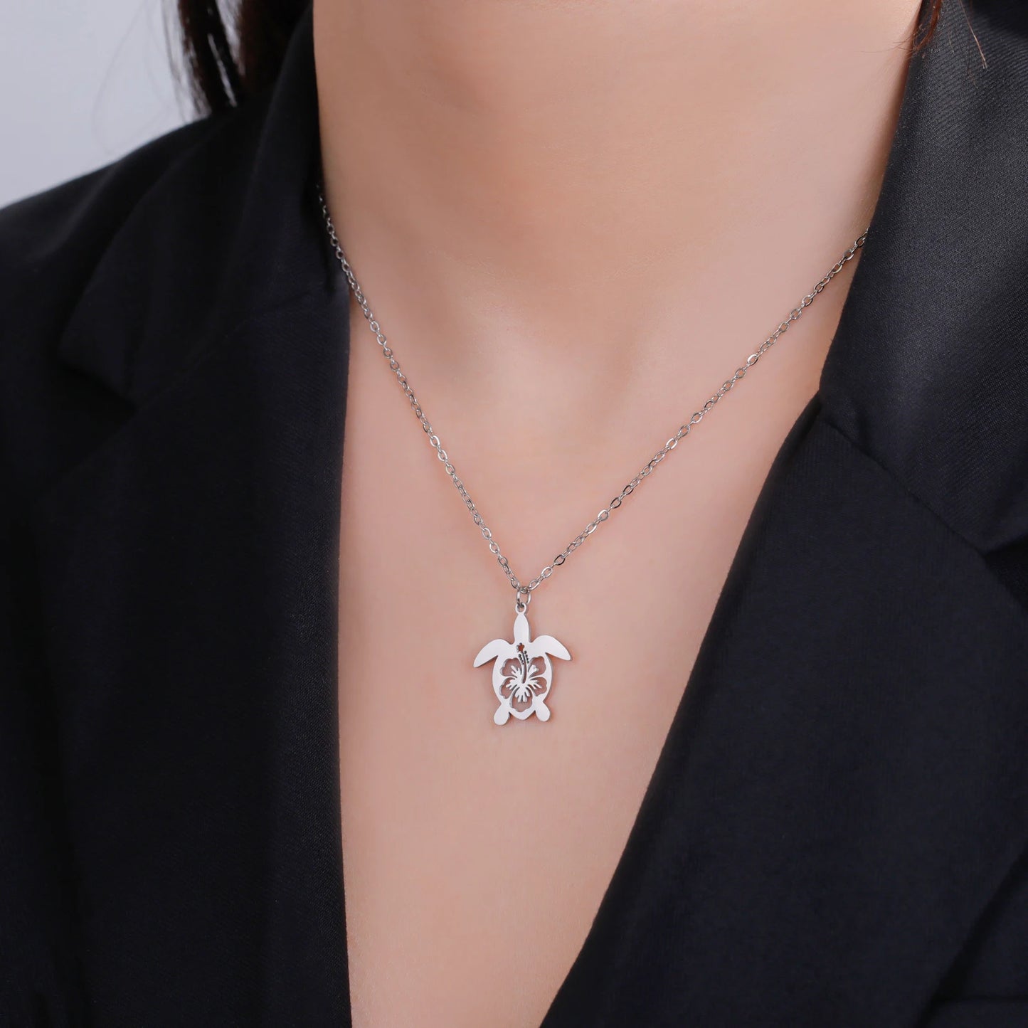 Sainless Steel Hollow Flower Sea Turtle Pendant Necklace