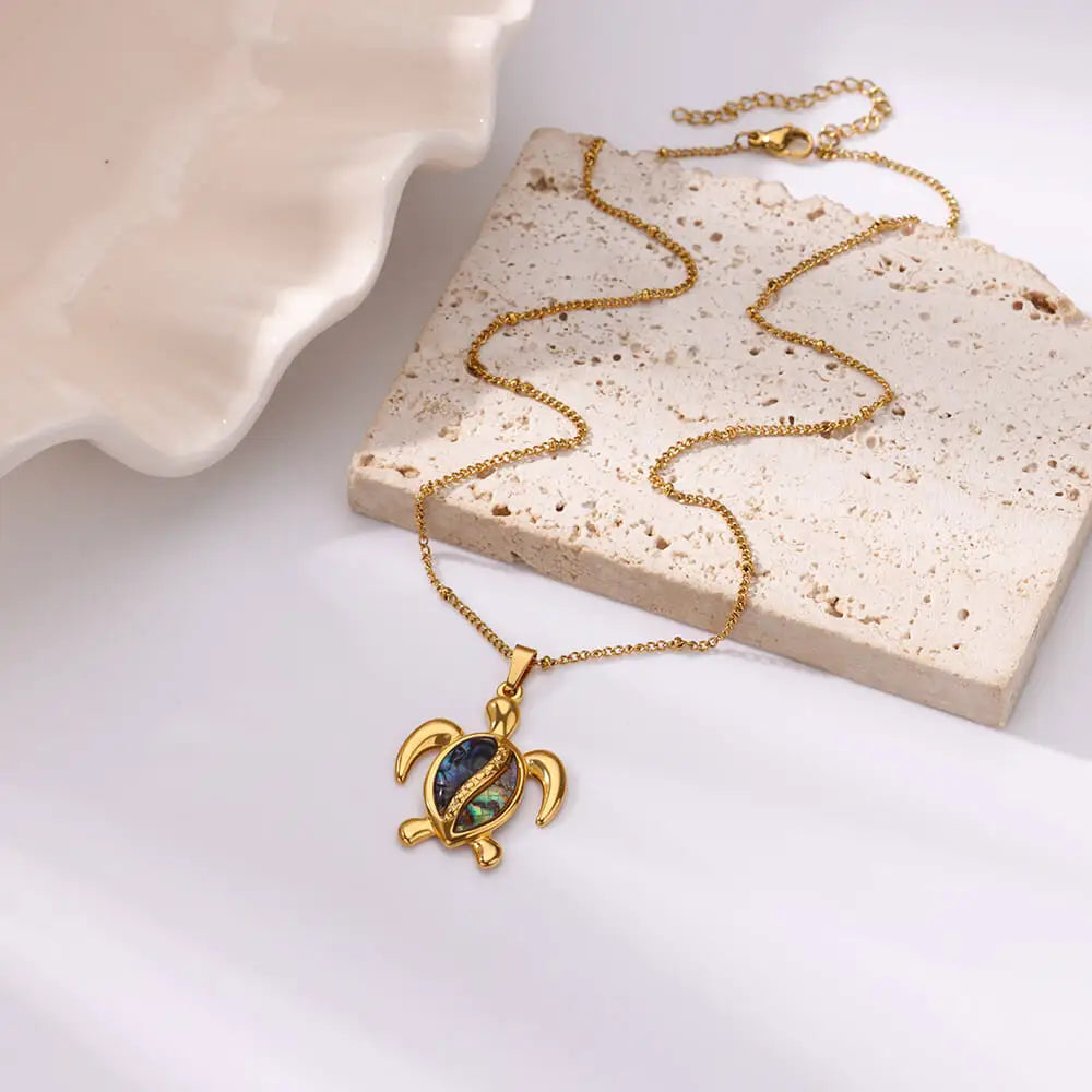 Ocean Abalone Turtle Pendant Necklace – Gold-Tone Stainless Steel Charm for Women