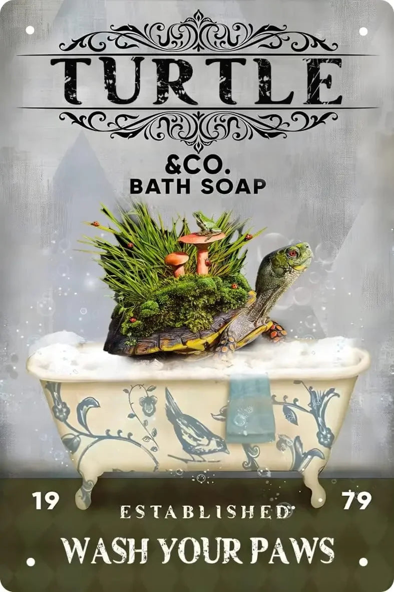 Turtle Bath Soap Metal Sign – “Wash Your Paws” Vintage Bathroom Wall Art