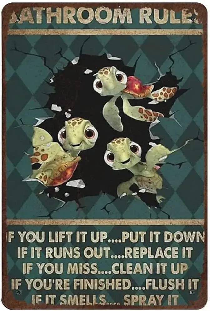 Turtle Bathroom Rules Metal Sign – Funny Vintage Tin Wall Art for Bathroom Décor