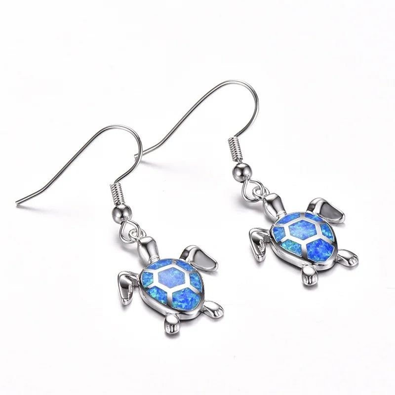Opal Turtle Drop Earrings: Ocean Sparkle in White or Blue