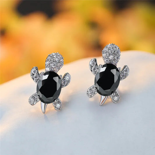 Shadow Pearl Turtle Stud Earrings – Jet Black Elegance in Motion