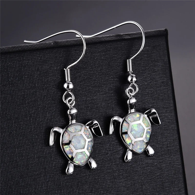 Opal Turtle Drop Earrings: Ocean Sparkle in White or Blue