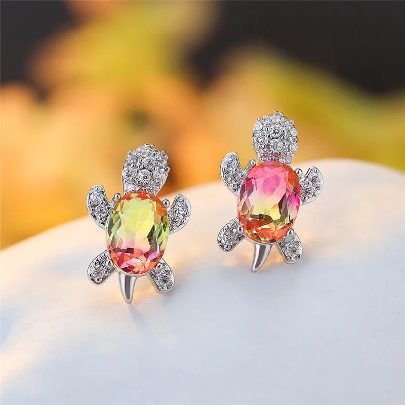 Sunrise Glow Turtle Stud Earrings – Pink & Yellow Gradient Crystal