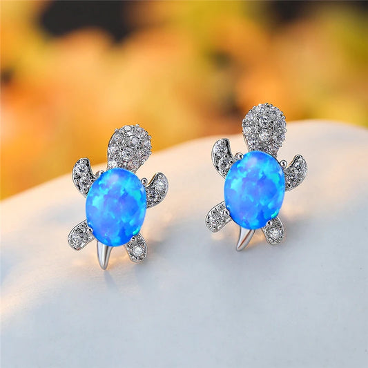 Blue Opal Turtle Stud Earrings with Sparkling Accents