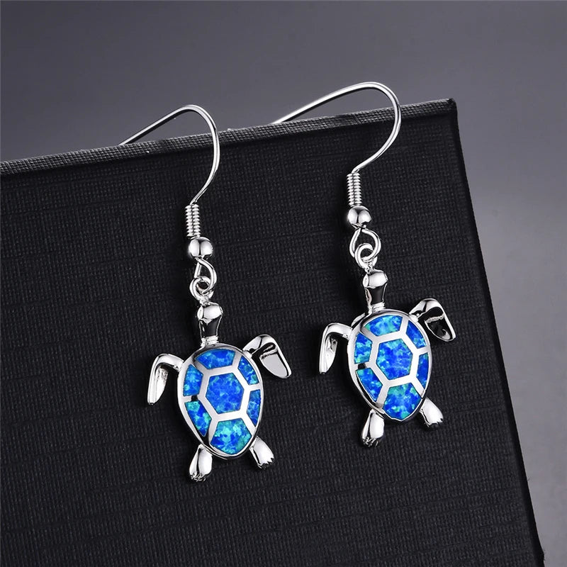 Opal Turtle Drop Earrings: Ocean Sparkle in White or Blue