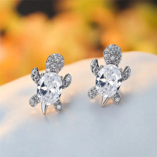 Crystal Shell Turtle Stud Earrings – Sparkling White Zircon Elegance