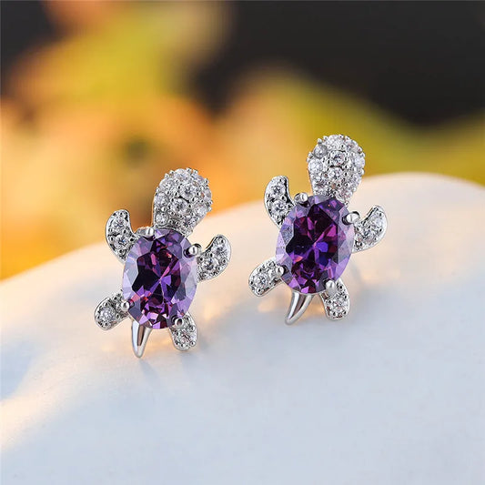 Amethyst Glow Turtle Stud Earrings – Purple Crystal Turtle Fashion Jewelry