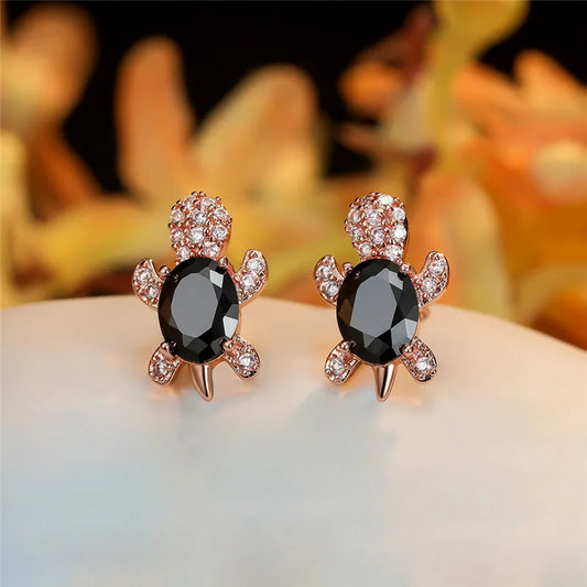 Midnight Rose Turtle Stud Earrings – Black Zircon with Rose Gold Finish