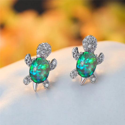 Green Opal Turtle Stud Earrings with Sparkling Accents