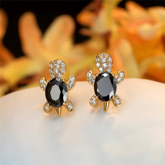 Midnight Luxe Turtle Stud Earrings – Black Crystal with Gold Finish