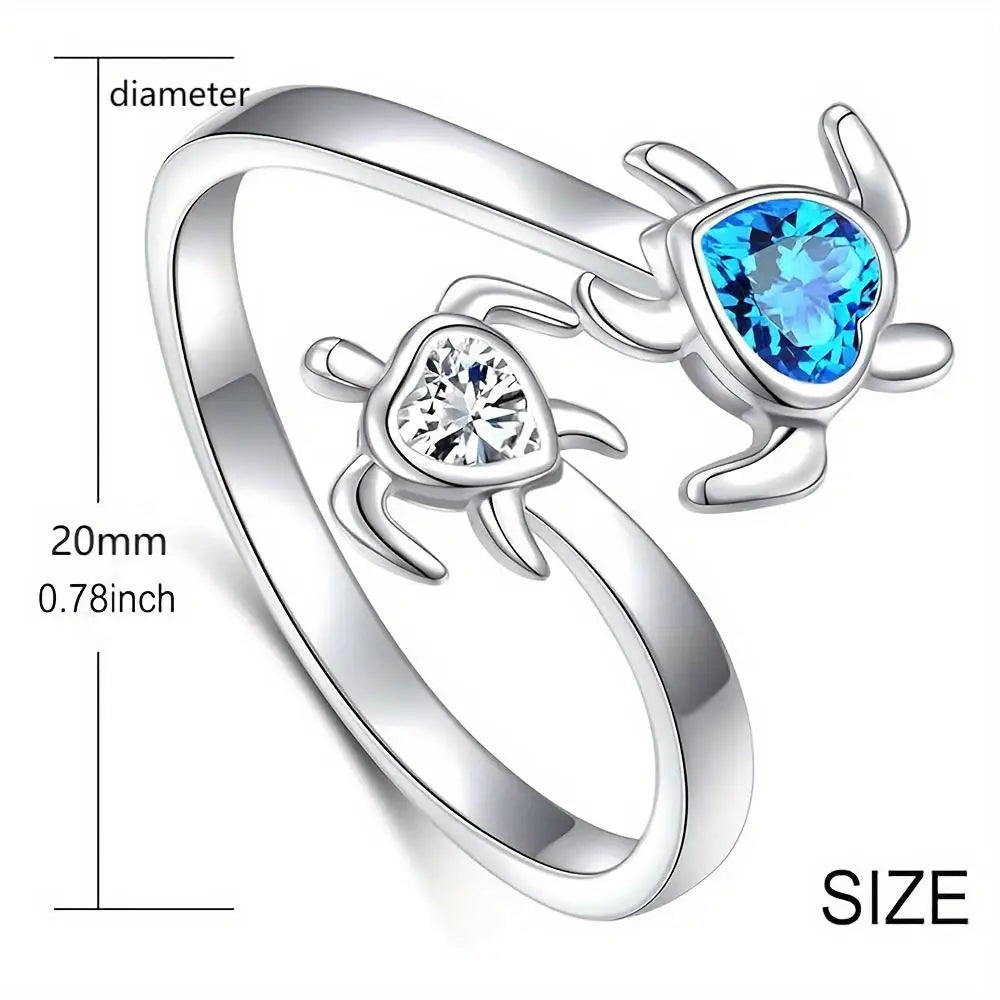 Twin Baby Turtles Open Ring – Ocean Blue & Crystal White