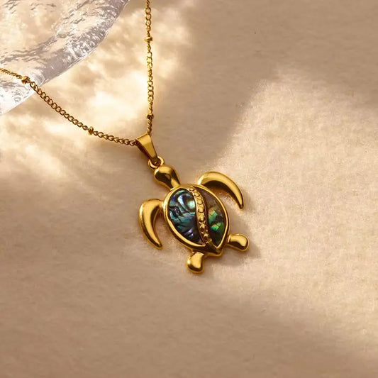 Ocean Abalone Turtle Pendant Necklace – Gold-Tone Stainless Steel Charm for Women