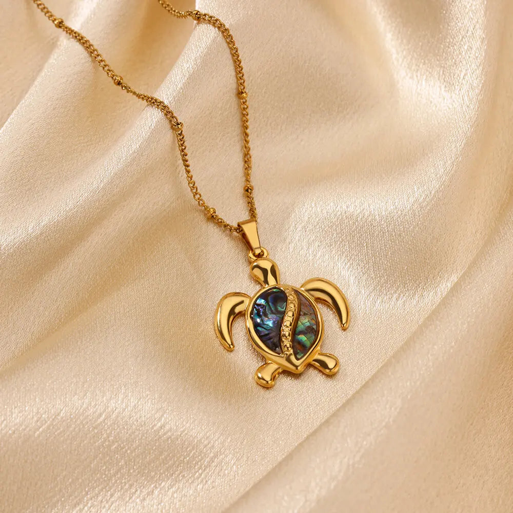 Ocean Abalone Turtle Pendant Necklace – Gold-Tone Stainless Steel Charm for Women