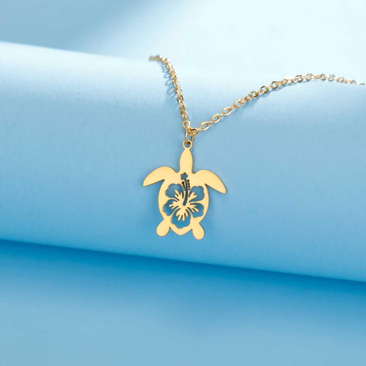 Golden Hollow Flower Sea Turtle Pendant Necklace – Stainless Steel Trendy Tortoise Jewelry