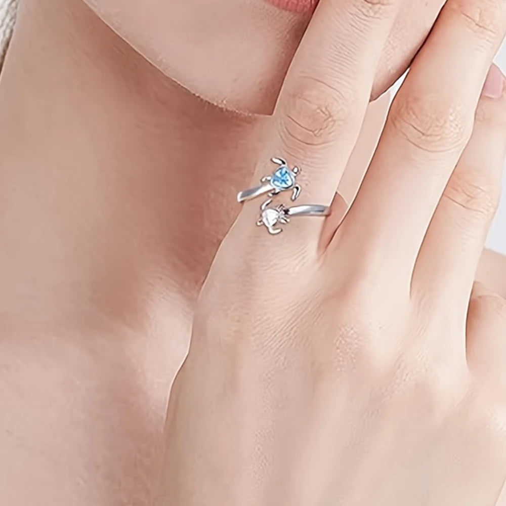 Twin Baby Turtles Open Ring – Ocean Blue & Crystal White