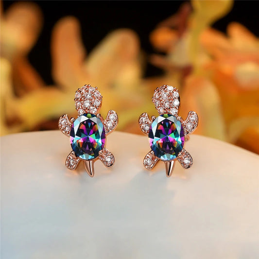 Sunrise Mirage Turtle Stud Earrings – Iridescent Rainbow Sparkle in Rose Gold