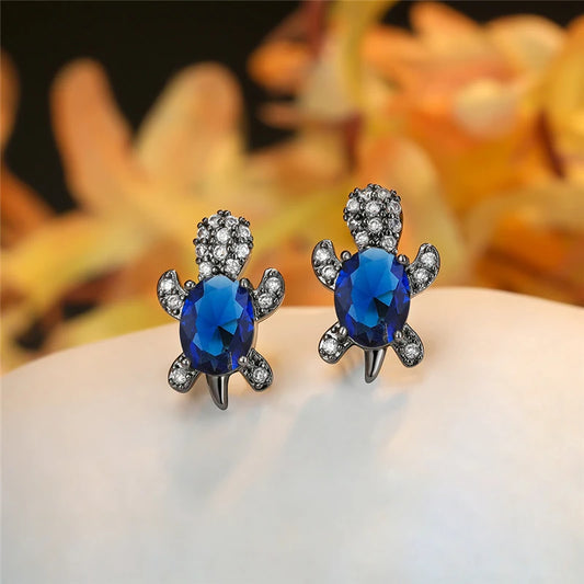 Midnight Sapphire Turtle Stud Earrings – Deep Blue Radiance with Bold Contrast