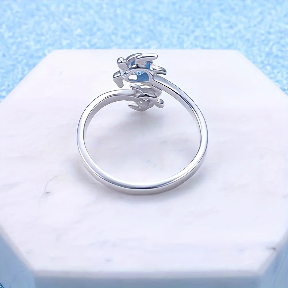 Twin Baby Turtles Open Ring – Ocean Blue & Crystal White