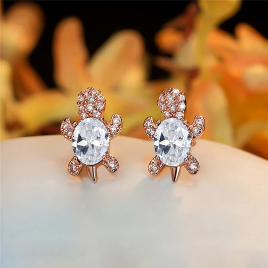 Blush Tide Turtle Stud Earrings – White Crystal with Rose Gold Finish